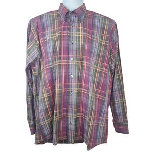 Pinehurst Dress Shirt Mens Large Button Down Rainbow Plaid Purple Blue Colorful